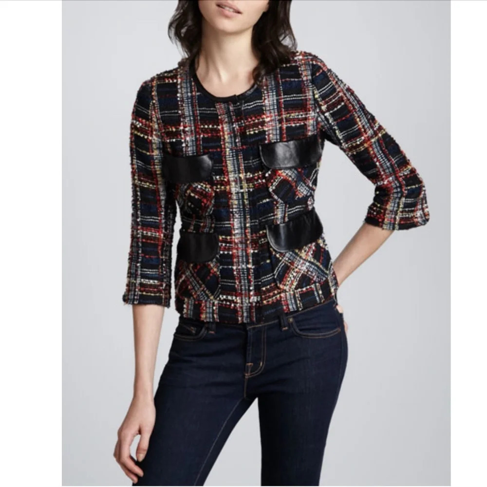 Smythe Boucle Leather-Detail Jacket Womens Size 6 Plaid Blazer Navy Career - Picture 3 of 10